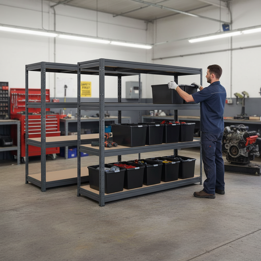 3x Heavy Duty Shelving - 1770mm High - Grey with 8x 62L Plastic Storage Boxes - Front view