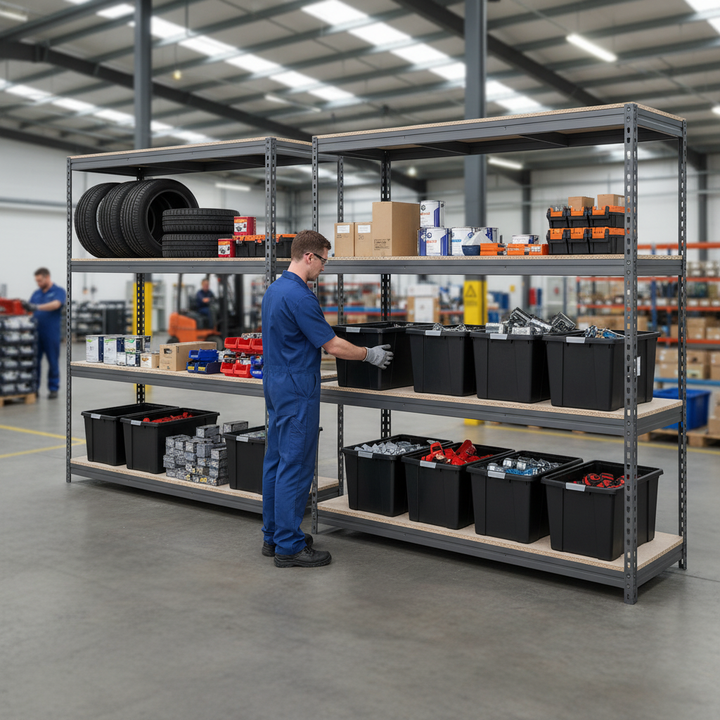 3x Heavy Duty Shelving - 1600mm High - Grey with 8x 37L Plastic Storage Boxes - Side view