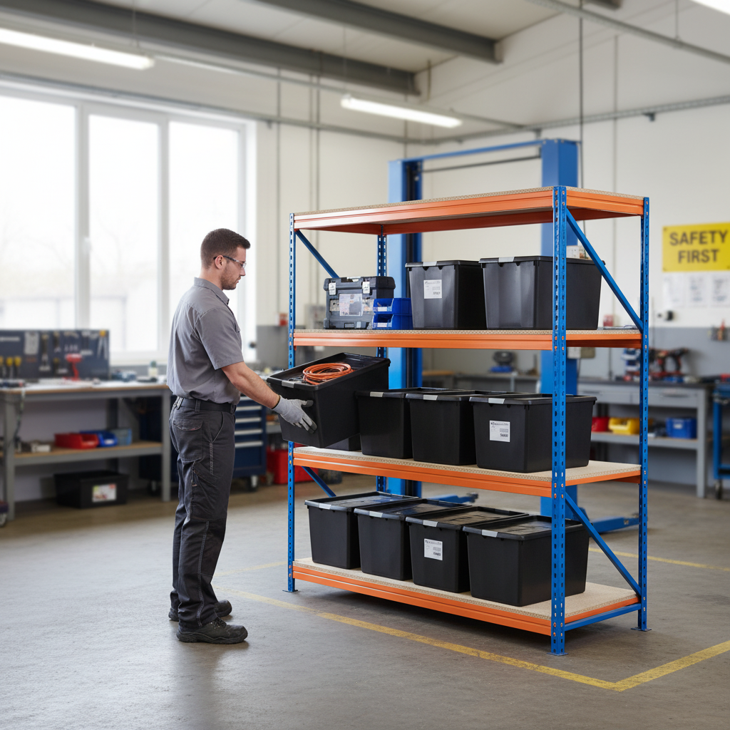 4x Premium Heavy Duty Shelving - 2000mm High with 12x 62L Storage Boxes - Front view