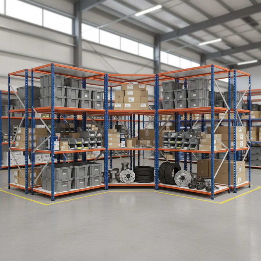 5x Heavy Duty Industrial Shelving - 2440mm High - 340kg Capacity - Melamine - Blue & Orange - Front view