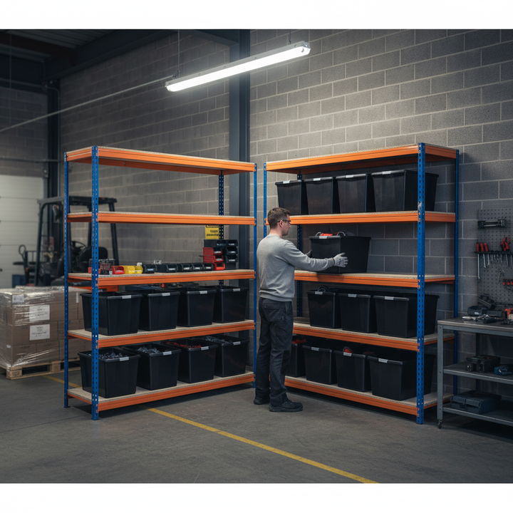 4x Heavy Duty Shelving - 1800mm High - Blue & Orange with 12x 62L Plastic Storage Boxes - Front view