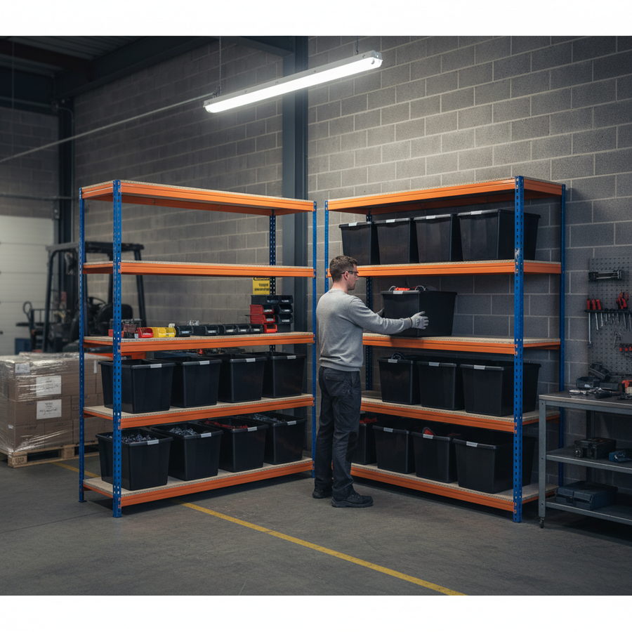 4x Heavy Duty Shelving - 1800mm High - Blue & Orange with 12x 62L Plastic Storage Boxes - Front view