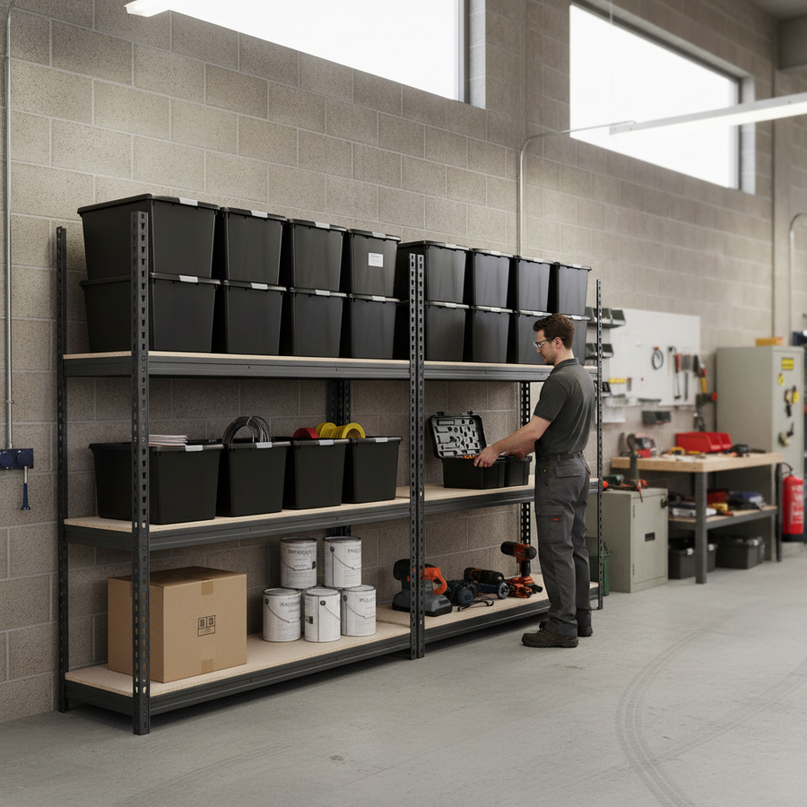 2x Heavy Duty Shelving - 2200mm High - Grey with 12x 62L Storage Boxes - Front view