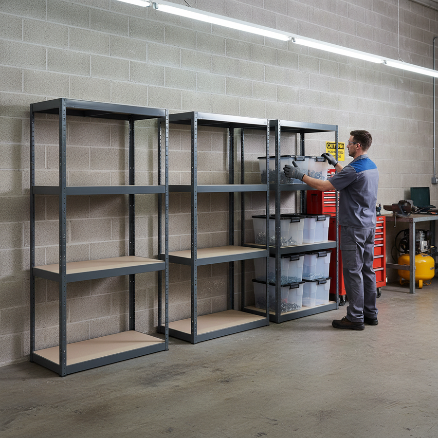 4x Heavy Duty Shelving Units - 1600mm High - Grey with 8x 24L Storage Boxes - Front view
