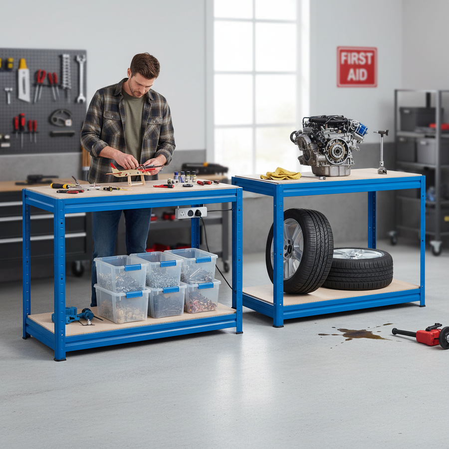 Premium Heavy Duty Workbenches - 870mm High - 600kg Capacity - Blue - Front view