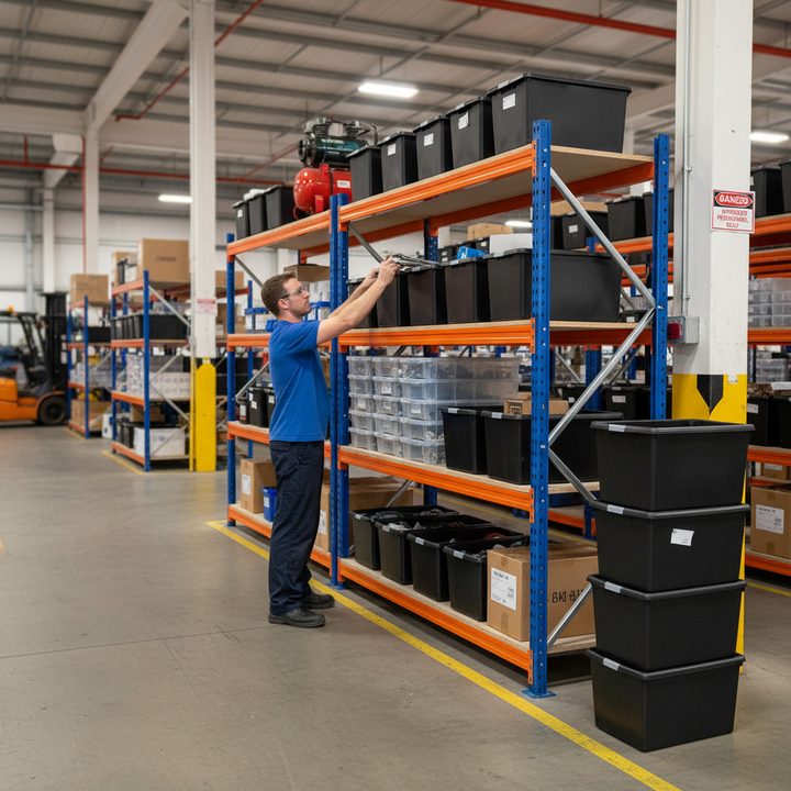 2x Heavy Duty Shelving - 2000mm High - Blue & Orange with 8x 62L Storage Boxes - Side view