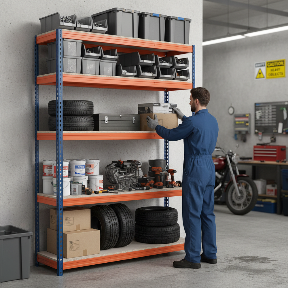 Heavy Duty Garage Shelving Unit - 1600mm High - 500kg Load Capacity - Blue & Orange - Side view