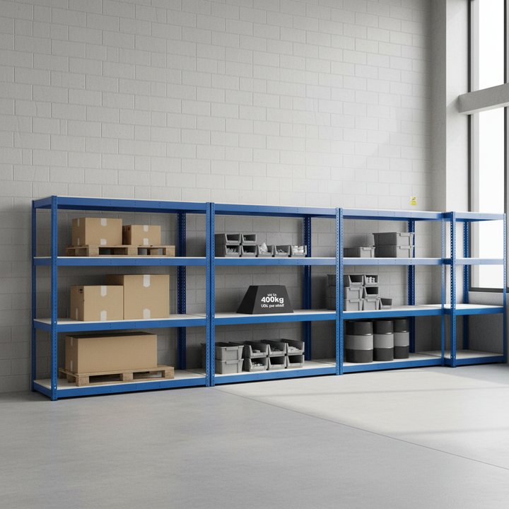 Heavy Duty Industrial Shelving - 2440mm High - 400kg Capacity - Melamine - Blue - Front view