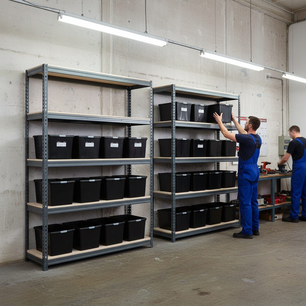 2x Heavy Duty Shelving - 2200mm High - Grey with 12x 62L Storage Boxes - Side view