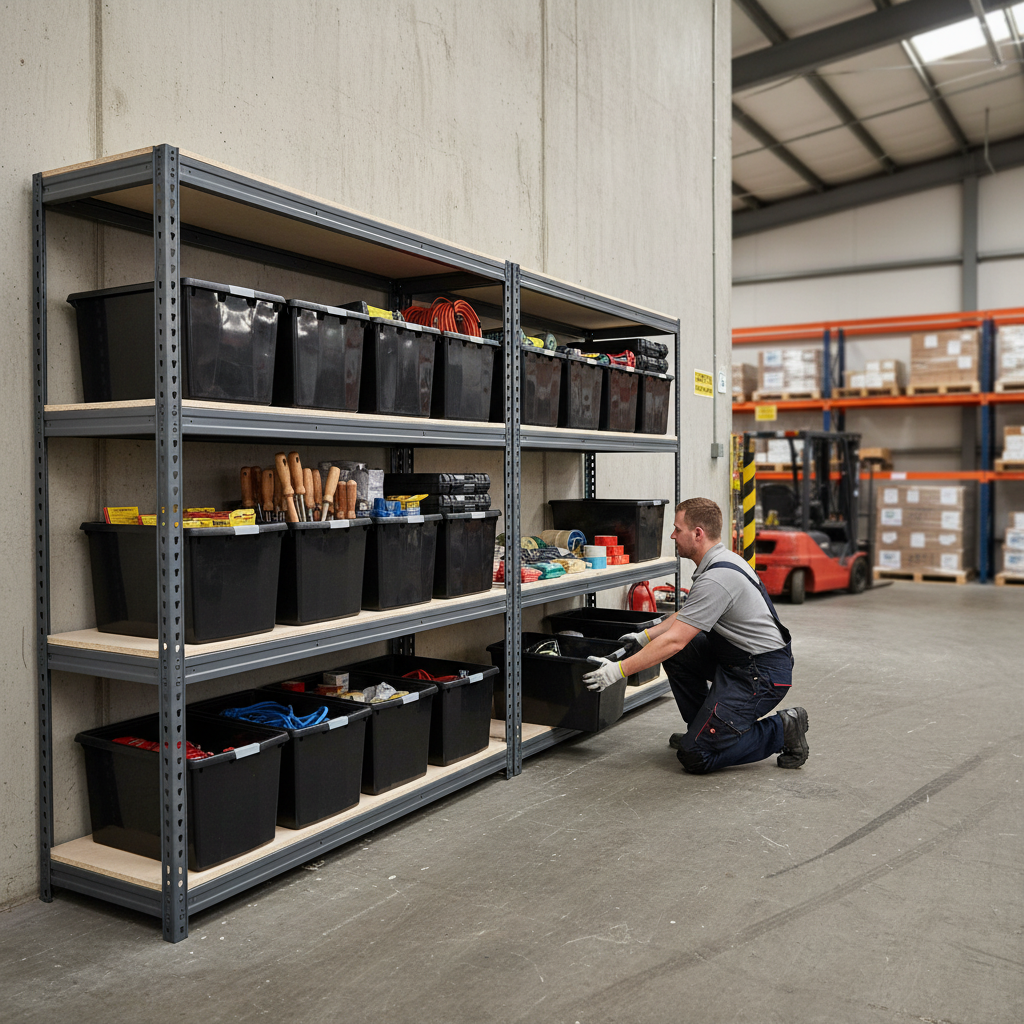 3x Premium Heavy Duty Shelving - 2000mm High - Grey with 12x 37L Plastic Storage Boxes - Side view