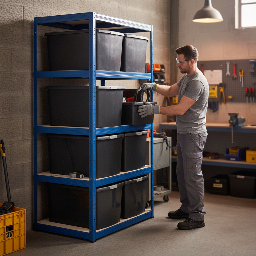 Heavy Duty Industrial Shelving Unit with Recycled Plastic Storage Boxes - Front view