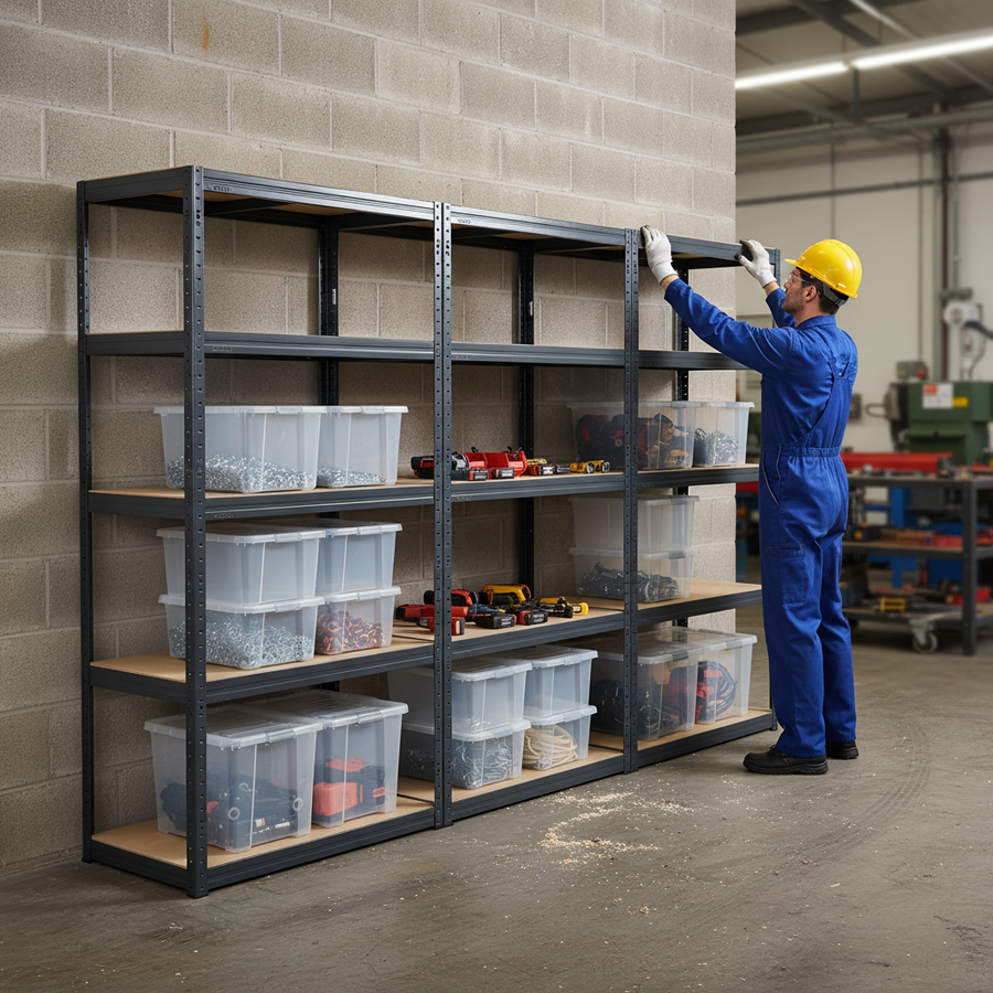 3x Heavy Duty Shelving Unit - 2130mm High - Grey with 12x 60L Storage Boxes - Front view
