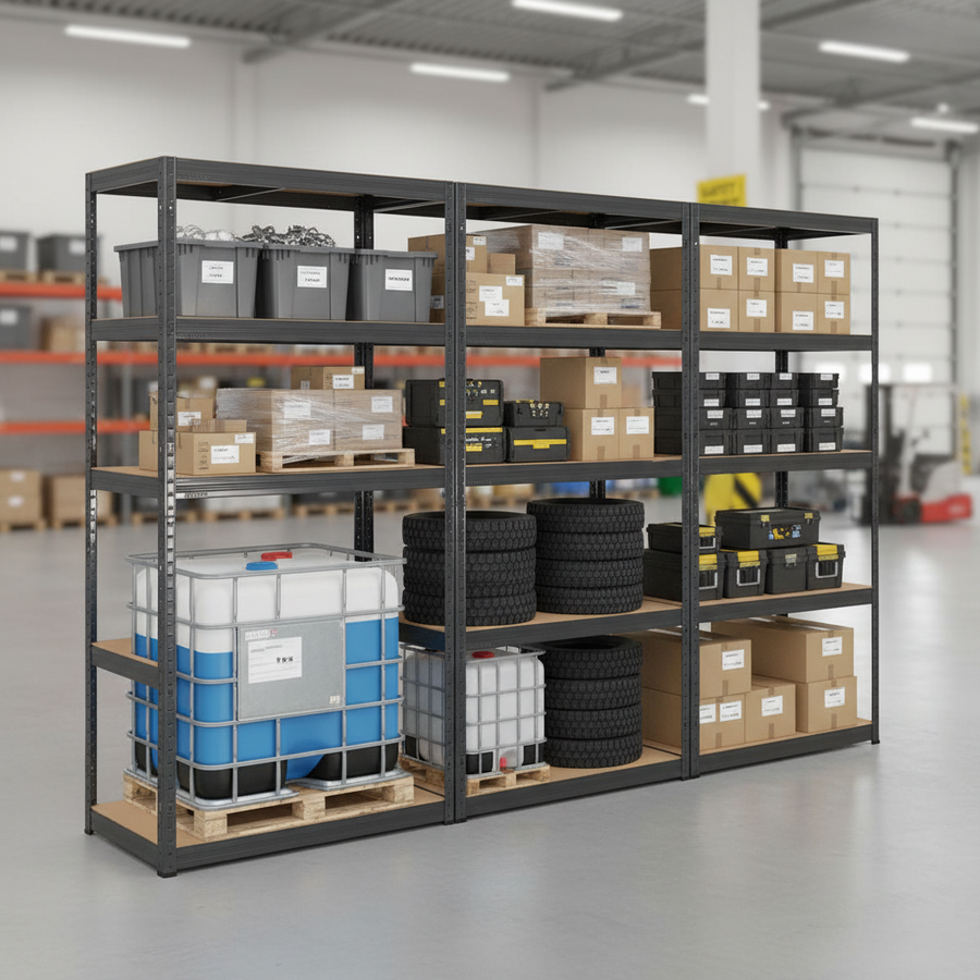 3x Heavy Duty Shelving Units - 2130mm High - 200/280kg Capacity - Grey - Front view