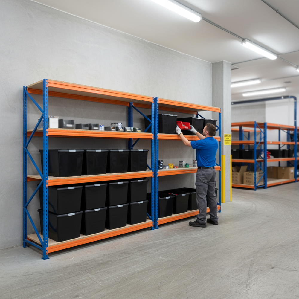 4x Premium Heavy Duty Shelving - 1600mm High with 12x 62L Plastic Storage Boxes - Side view
