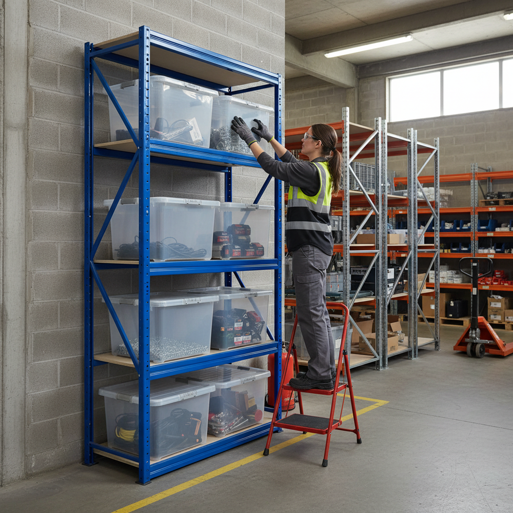 Heavy Duty Shelving Unit - 1800mm High with 8 x 60L Plastic Storage Boxes - Side view