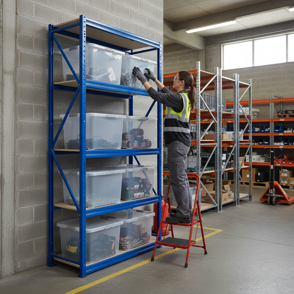 Heavy Duty Shelving Unit - 1800mm High with 8 x 60L Plastic Storage Boxes - Side view