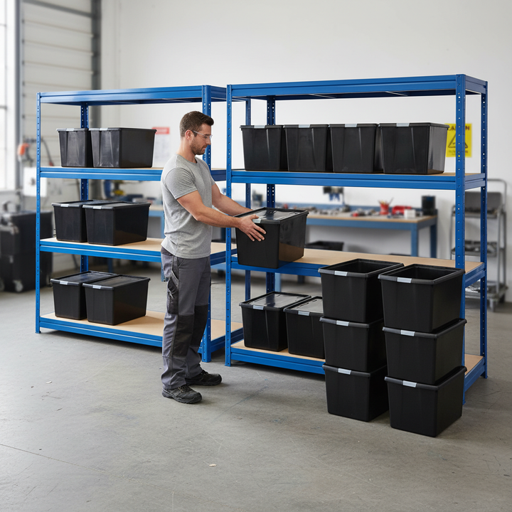 2x Premium Heavy Duty Shelving - 1770mm High - Blue with 12x 62L Storage Boxes - Front view