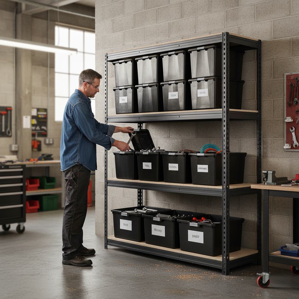 Heavy Duty Shelving with 12x 37L Storage Boxes - 2200mm High - Grey - Side view