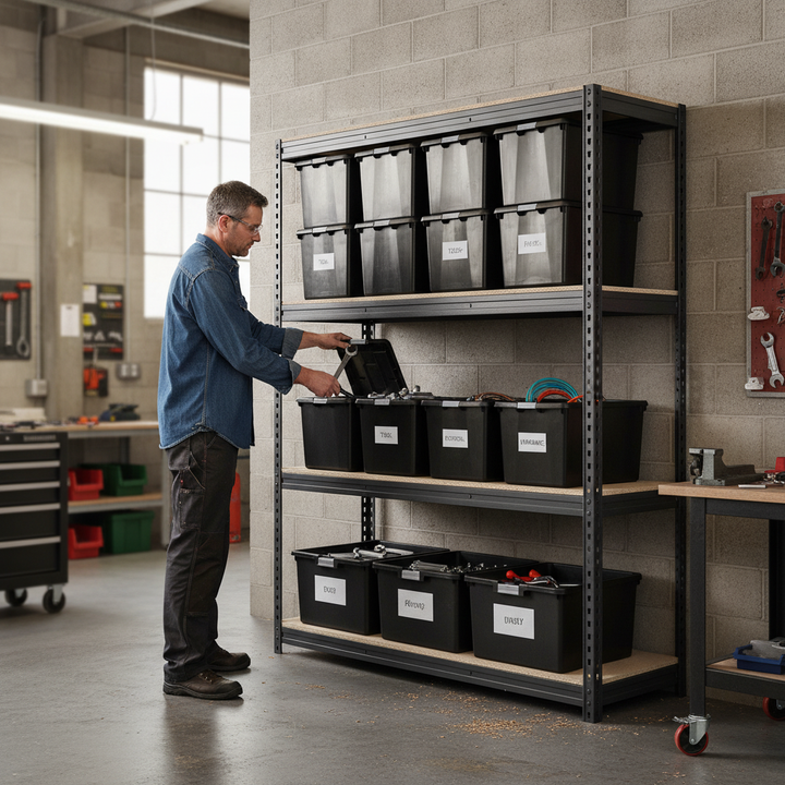 Heavy Duty Shelving with 12x 37L Storage Boxes - 2200mm High - Grey - Side view