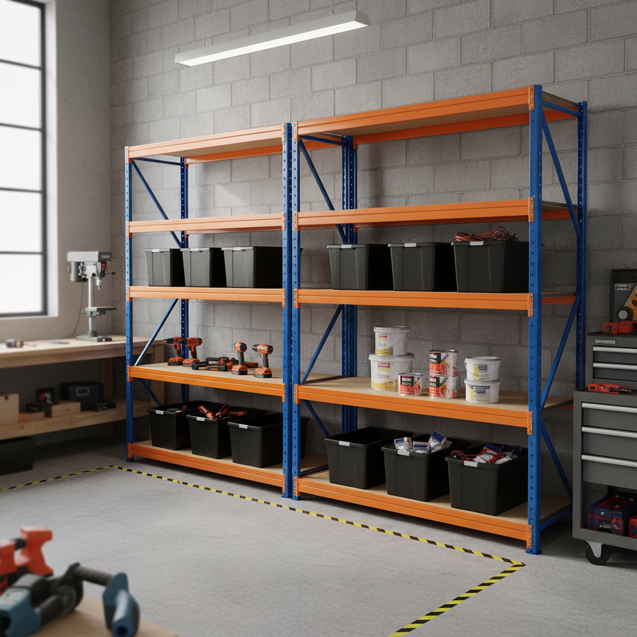 2x Premium Heavy Duty Shelving - 1770mm High - Blue & Orange with 12x 37L Plastic Storage Boxes - Front view