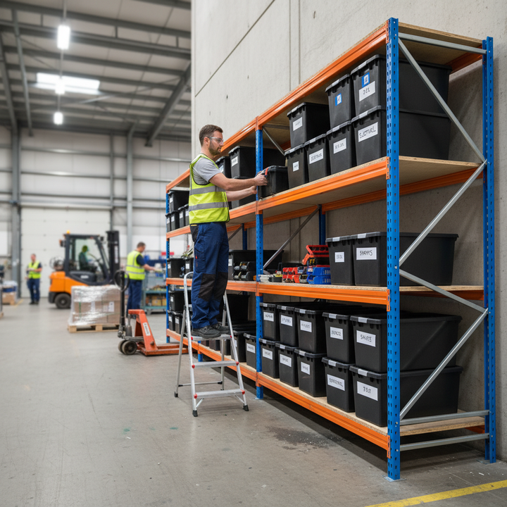 3x Heavy Duty Shelving - 2200mm High - Blue & Orange with 8x 37L Plastic Storage Boxes - Side view
