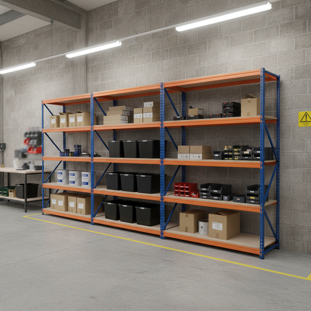 3x Industrial Heavy Duty Shelving - 1800mm High with 8x 37L Storage Boxes - Front view