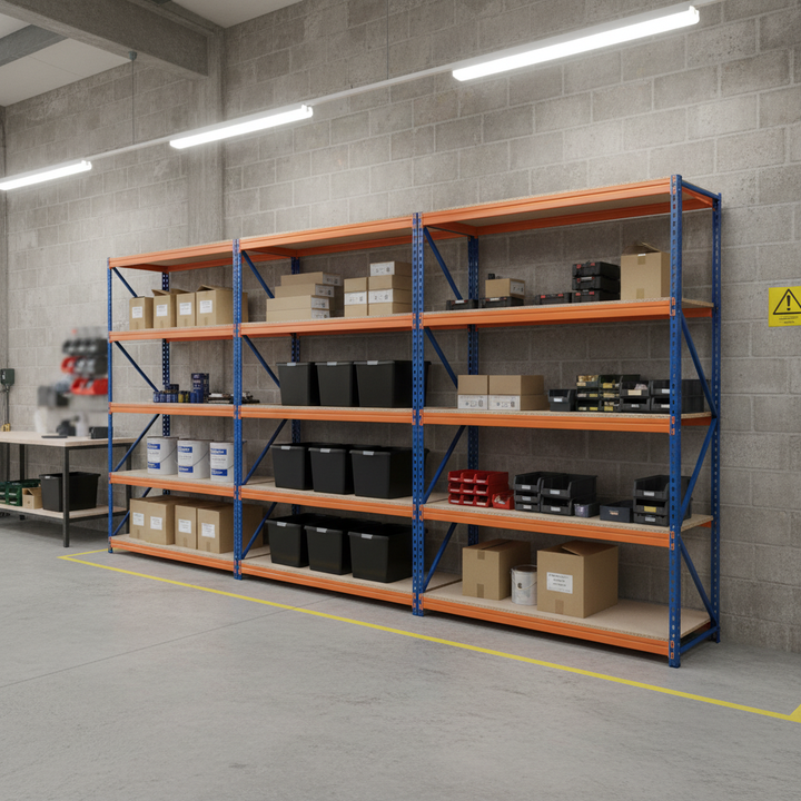 3x Industrial Heavy Duty Shelving - 1800mm High with 8x 37L Storage Boxes - Front view