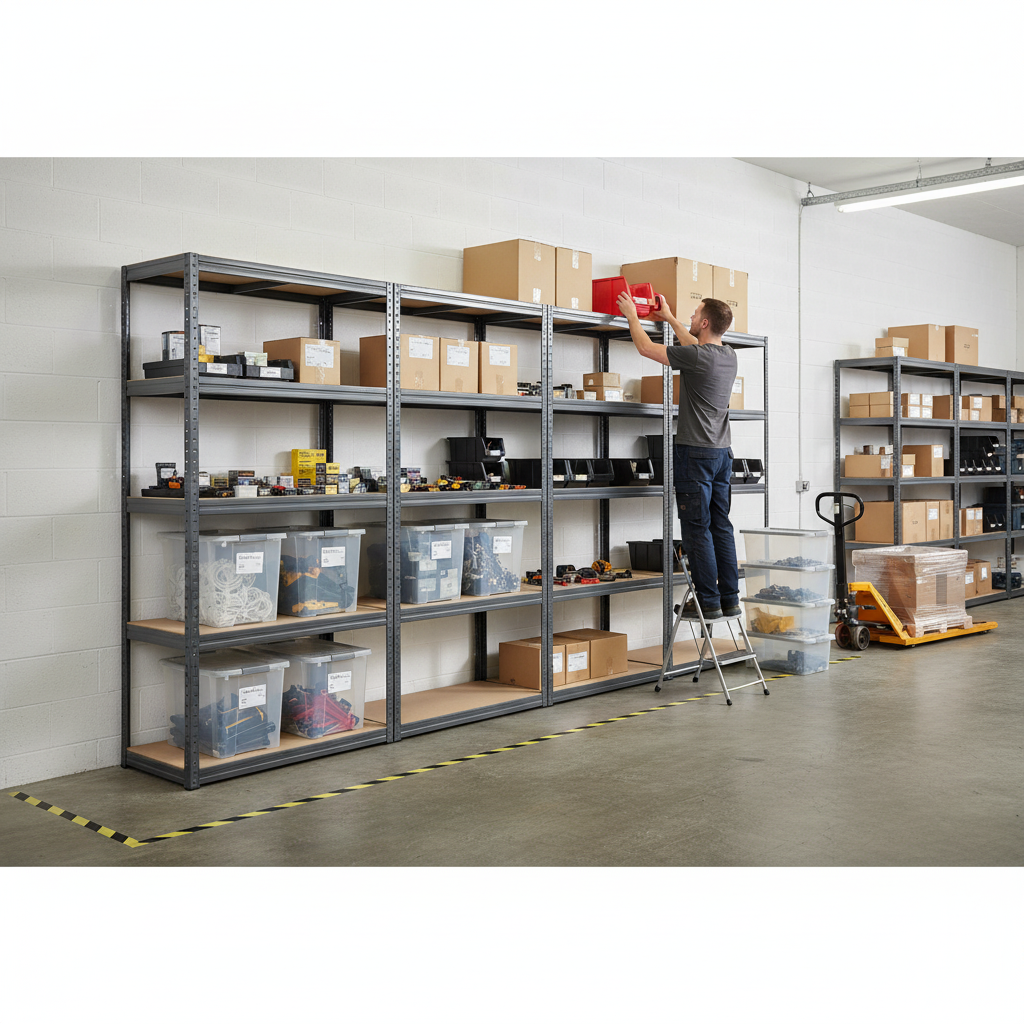 4x Heavy Duty Shelving Units - 1800mm High - Grey with 8x 60L Plastic Storage Boxes - Side view