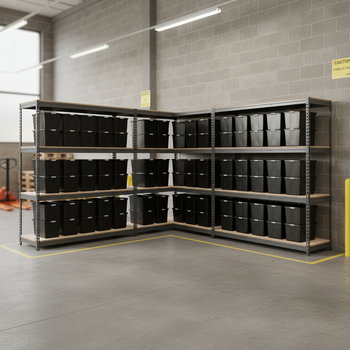 3x Premium Heavy Duty Shelving - 1800mm High - Grey with 12x 62L Plastic Storage Boxes