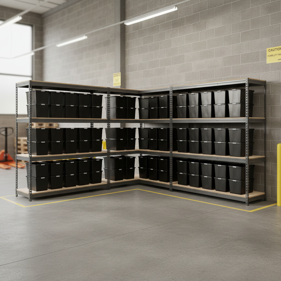 3x Premium Heavy Duty Shelving - 1800mm High - Grey with 12x 62L Plastic Storage Boxes - Front view