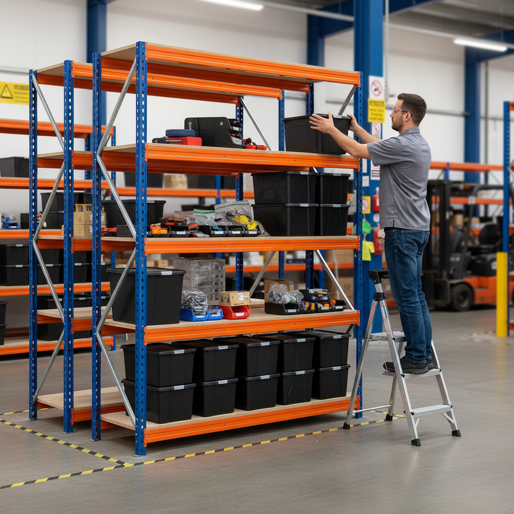 2x Premium Heavy Duty Shelving - 1600mm High - Blue & Orange with 8x 37L Plastic Storage Boxes - Side view