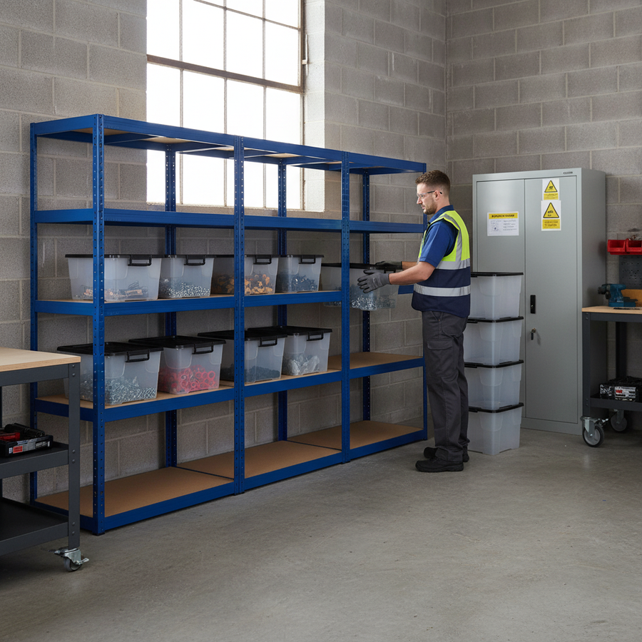 3x Heavy Duty Shelving Units - 1800mm High with 12x 24L Storage Boxes - Front view