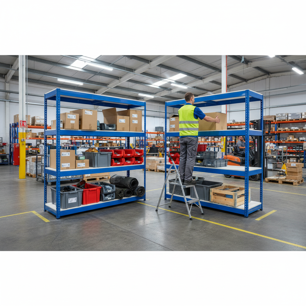Heavy Duty Industrial Shelving - 2440mm High - 400kg Load Capacity - Melamine - Blue - Side view