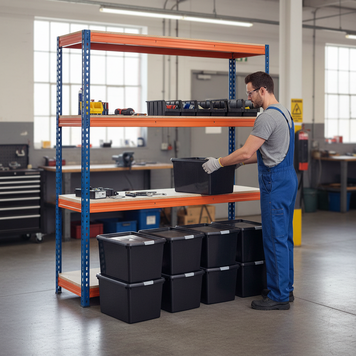 2x Premium Heavy Duty Shelving - 2200mm High - Blue & Orange with 12x 37L Plastic Storage Boxes - Front view