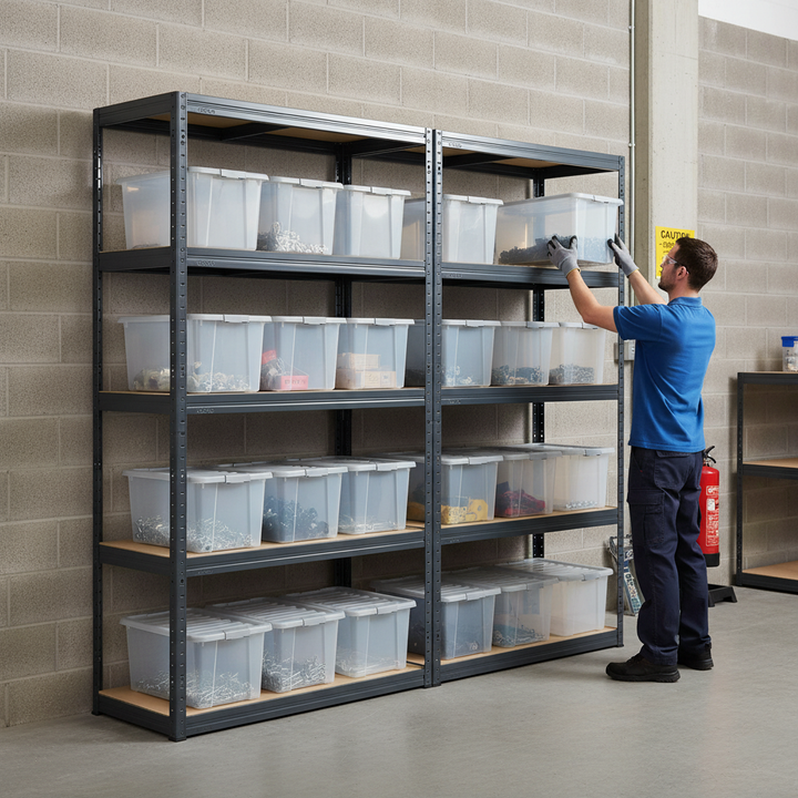 2x Heavy Duty Shelving Unit - 2130mm High - Grey with 12x 60L Plastic Storage Boxes - Front view