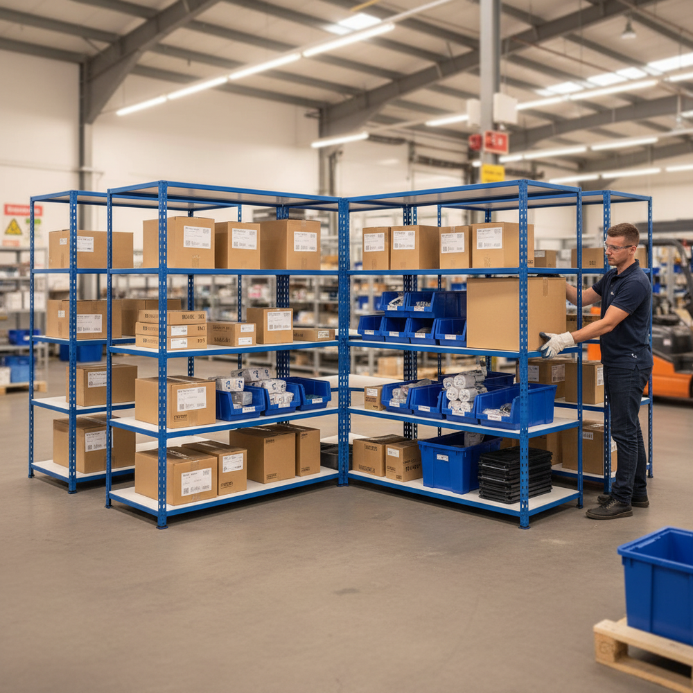 Premium 5x Industrial Shelving - 2440mm High - 200kg Load Capacity - Melamine - Blue Finish - Side view
