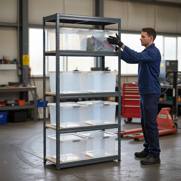 Premium 1800mm High Shelving Unit with 8x 60L Plastic Storage Boxes - Front view