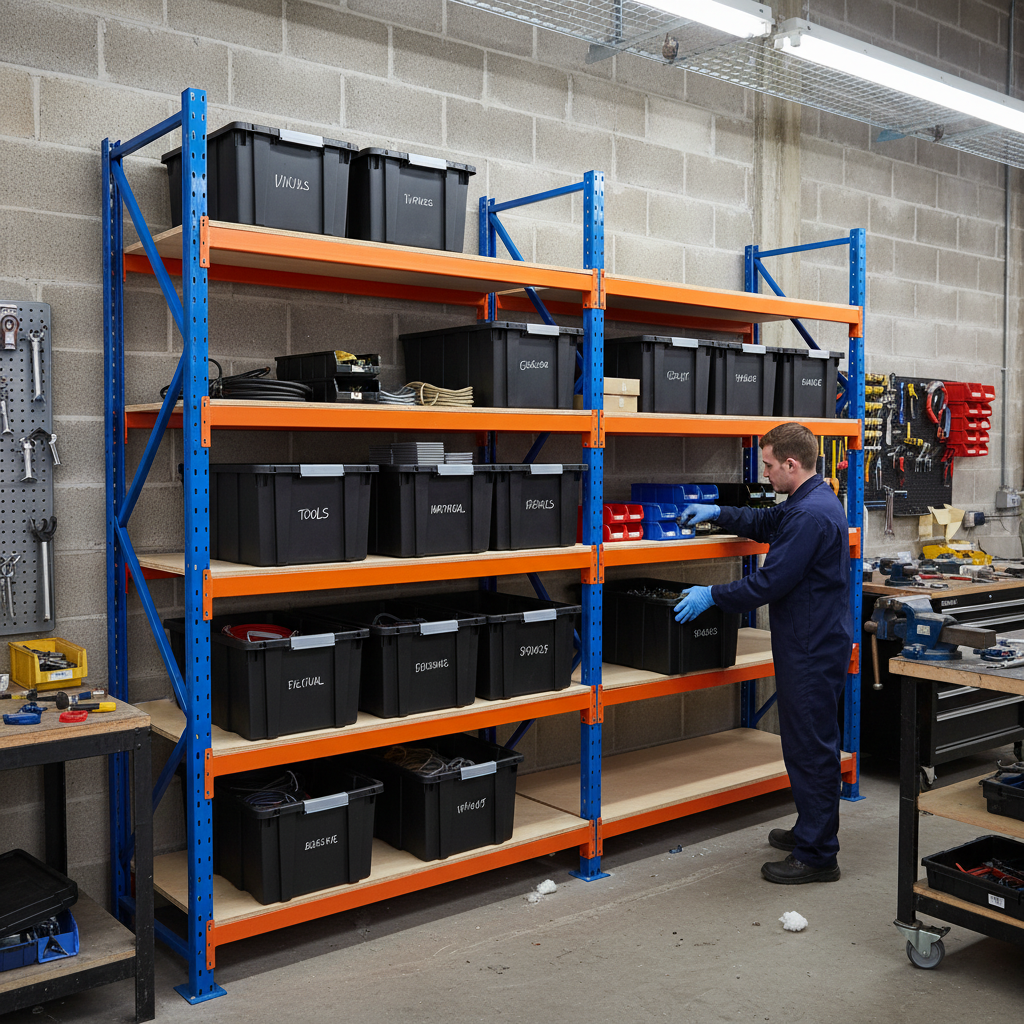 4x Heavy Duty Shelving - 2000mm High - Blue & Orange with 8x 62L Plastic Storage Boxes - Side view