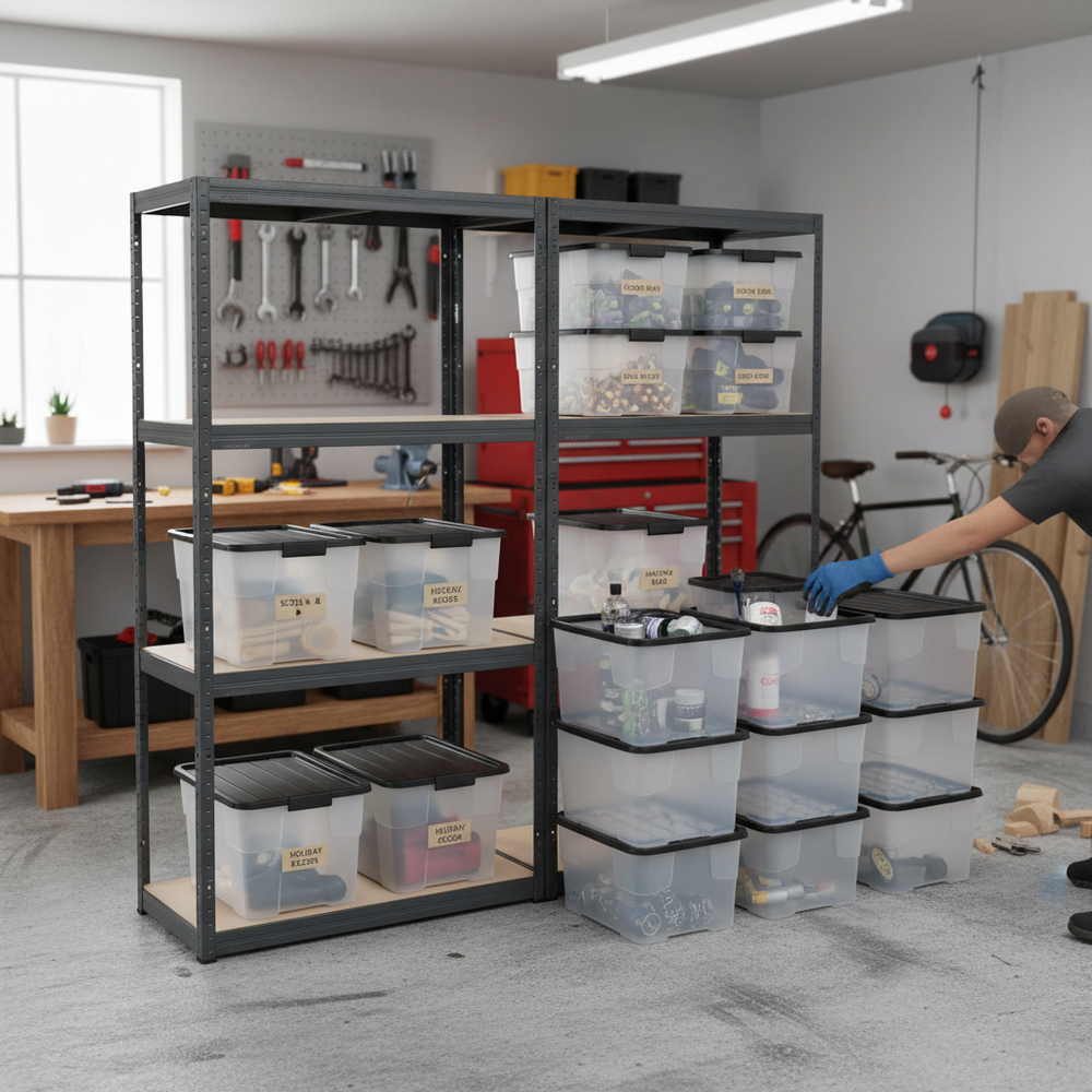 Heavy Duty Shelving Units with 12x 24L Plastic Storage Boxes - 1600mm High - Side view