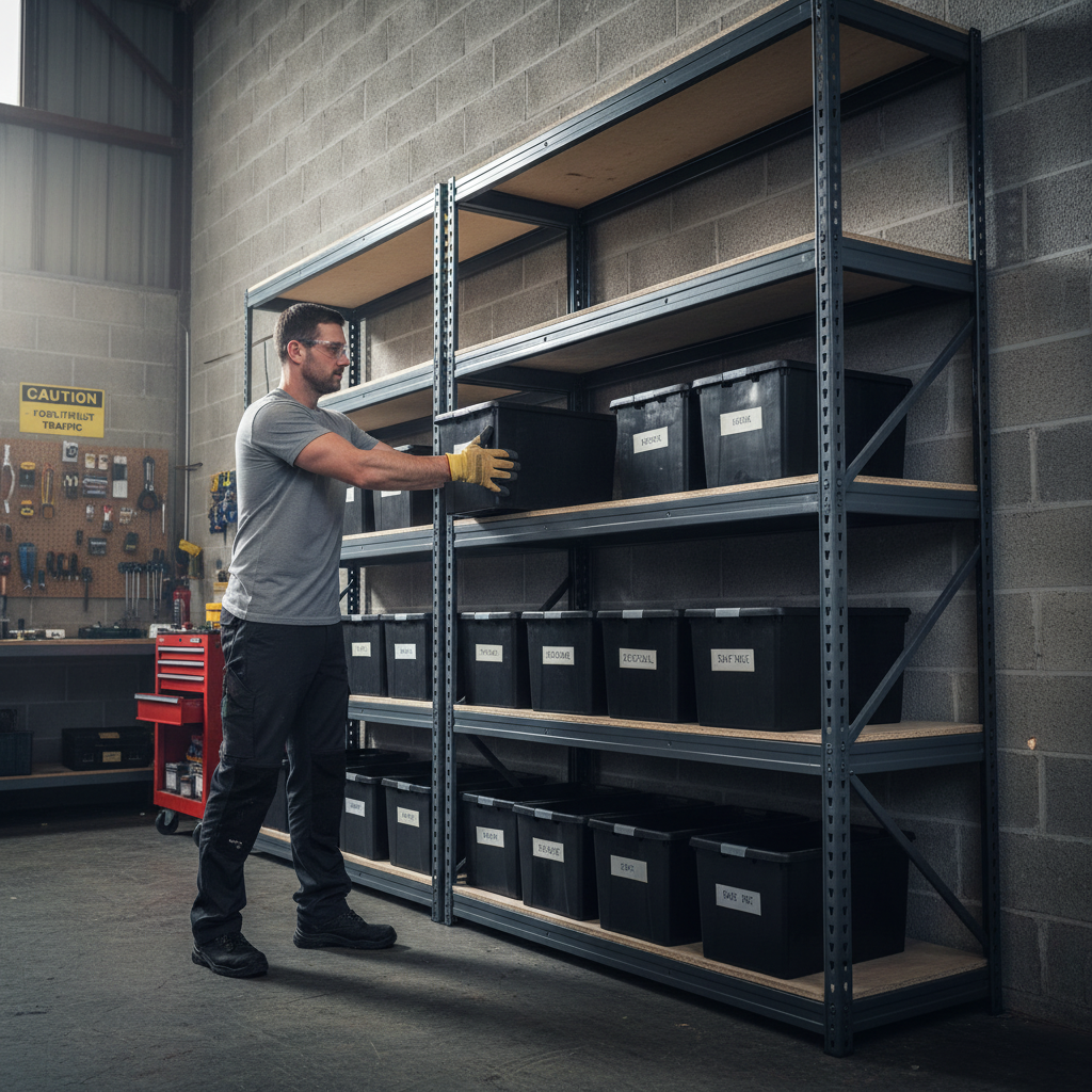 3x Heavy Duty Shelving - 1600mm High - Grey with 12x 37L Plastic Storage Boxes - Front view