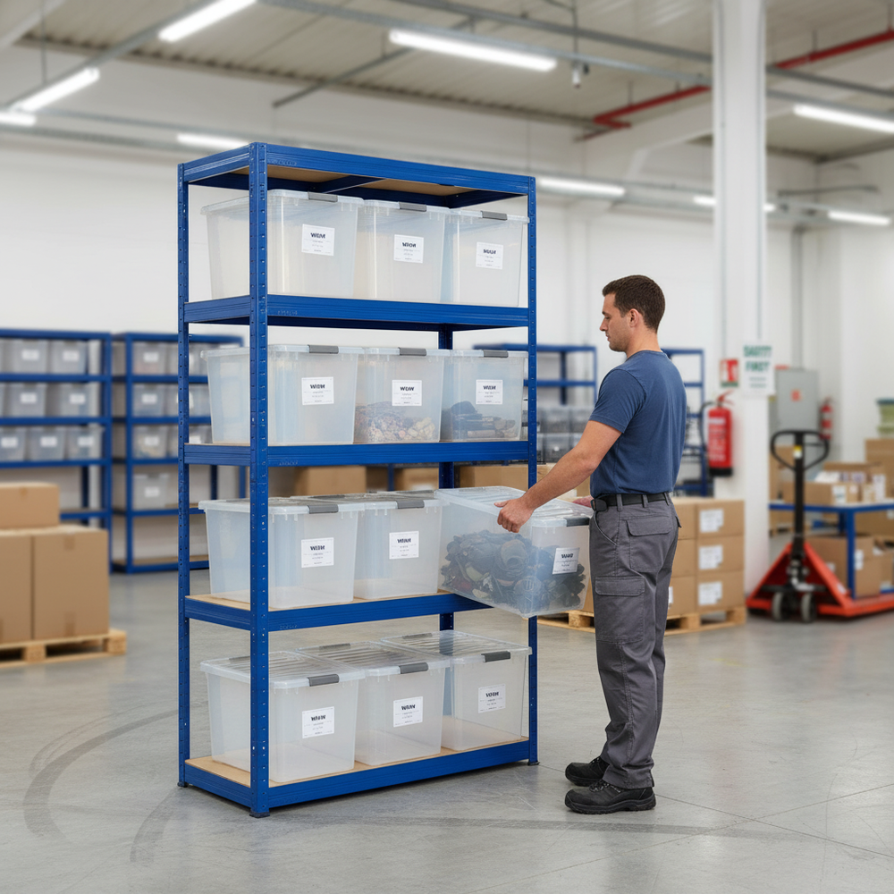 Heavy Duty Shelving Unit with 10 Plastic Storage Boxes - 1800mm High - Side view
