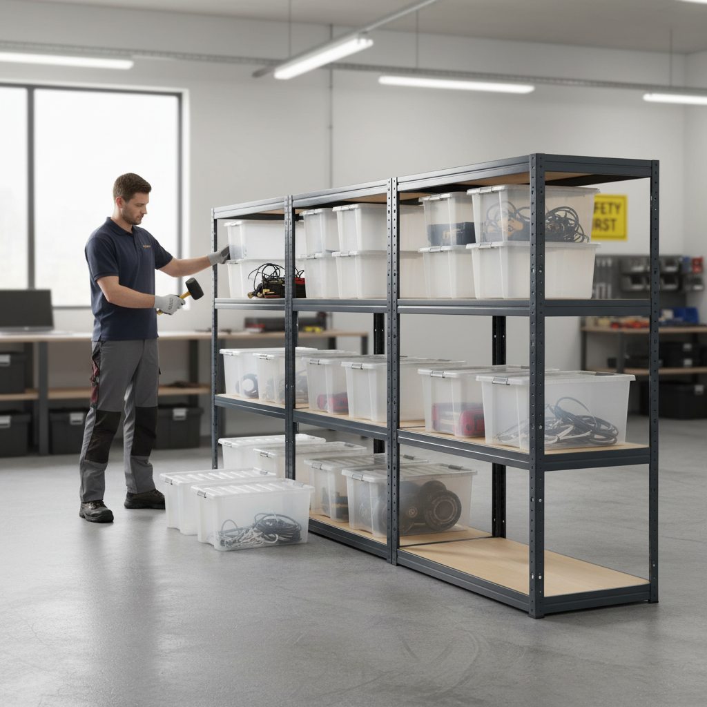 4x Premium Shelving Units - 1600mm High - Grey with 12x 60L Plastic Storage Boxes - Front view