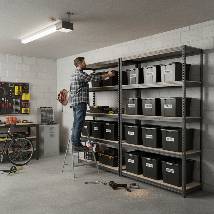 Premium Heavy Duty Shelving with 12x 37L Plastic Storage Boxes - 2200mm High - Side view