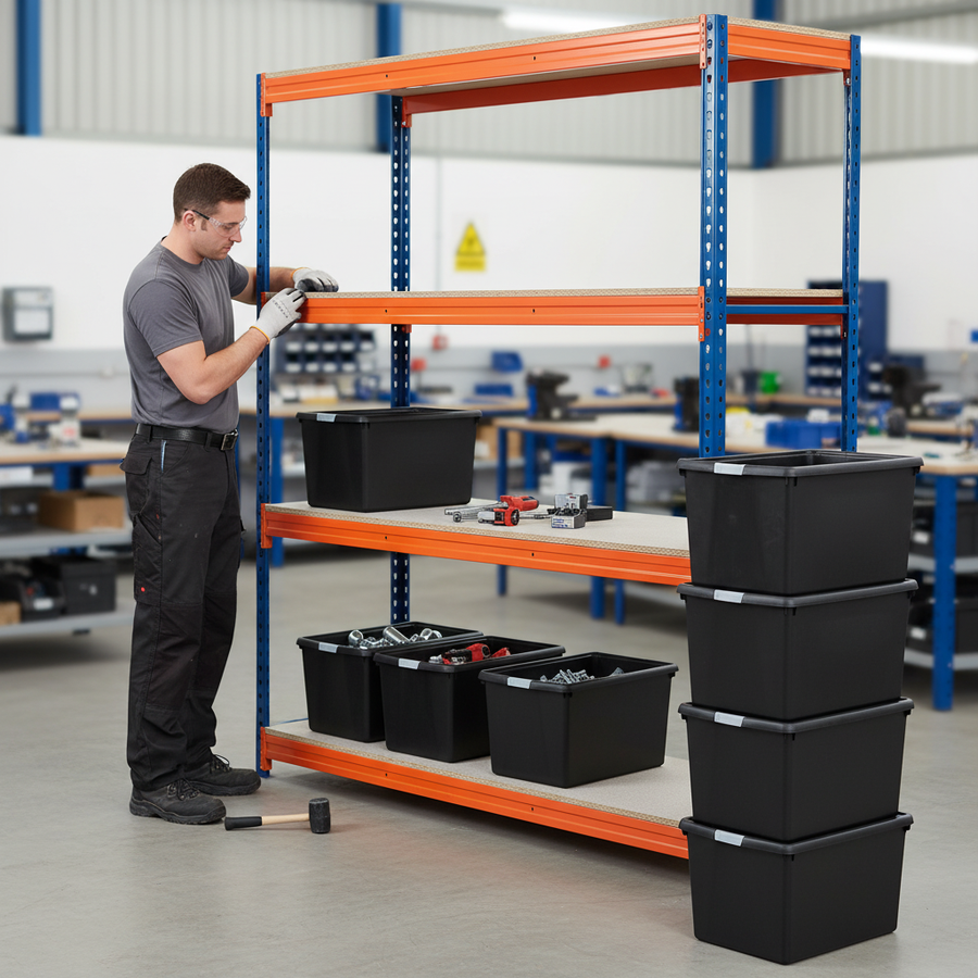 Heavy Duty Shelving Unit - 2200mm High with 12x 37L Storage Boxes - Front view