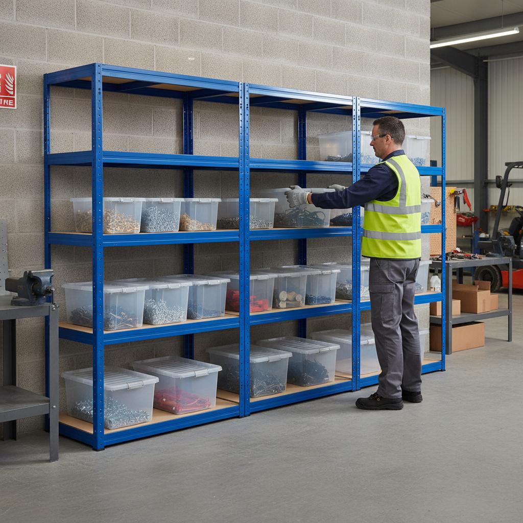 3x Heavy Duty Shelving Unit - 1800mm High with 12x 60L Plastic Storage Boxes - Front view