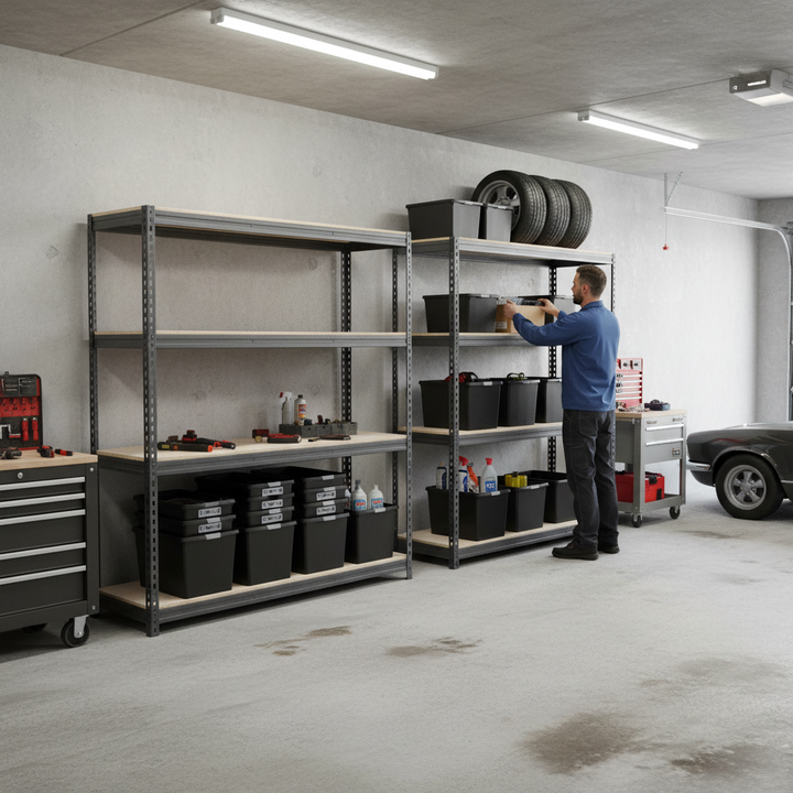 2x Premium Heavy Duty Shelving - 1800mm High - Grey with 8x 62L Plastic Storage Boxes - Side view