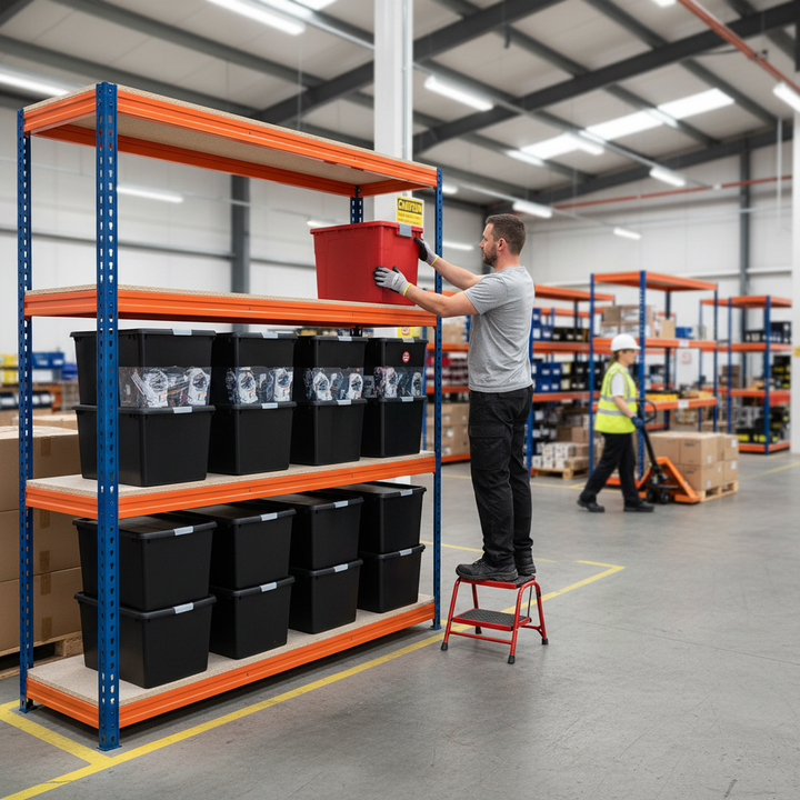 Heavy Duty Shelving Unit with 12x 37L Plastic Storage Boxes - 1800mm High - Side view