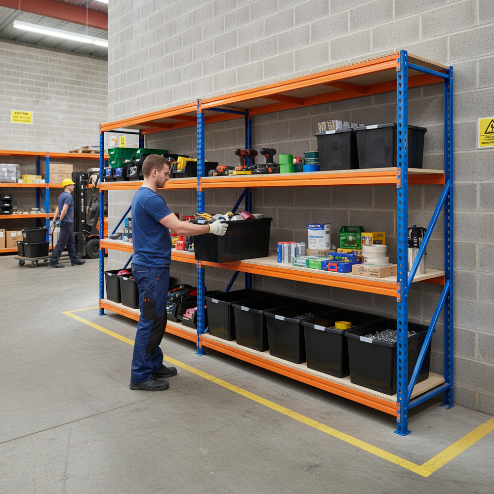 3x Premium Heavy Duty Shelving - 2000mm High - Blue & Orange with 8x 37L Plastic Storage Boxes - Side view