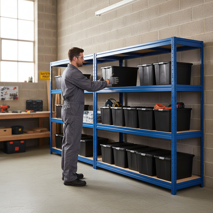 3x Heavy Duty Shelving - 1770mm High - Blue with 12x 37L Plastic Storage Boxes - Front view