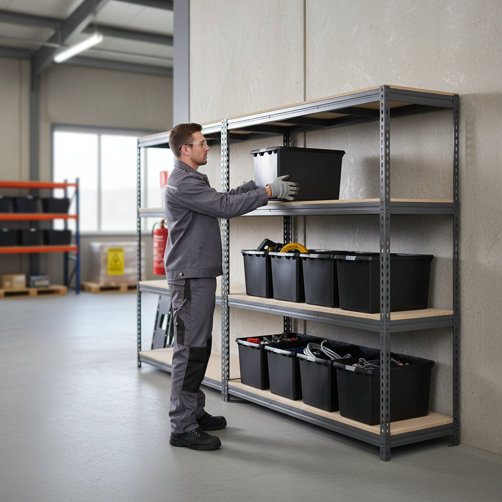 3x Premium Heavy Duty Shelving - 1600mm High - Grey with 8x 62L Plastic Storage Boxes - Front view